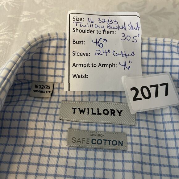 Twillory Shirt Mens 16 32/33 Blue/Wht Check Cuff Links Performance Tailored - Picture 9 of 12